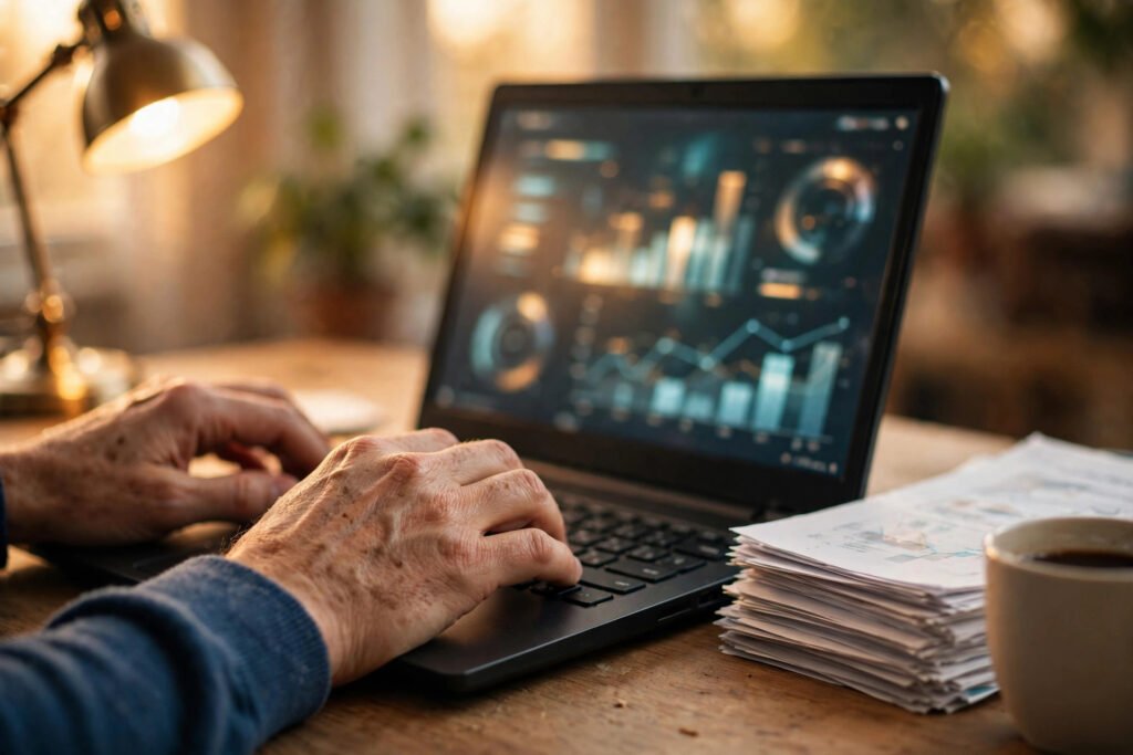 Close-up of hands on a laptop showing a rate-check interface with printed rate confirmations