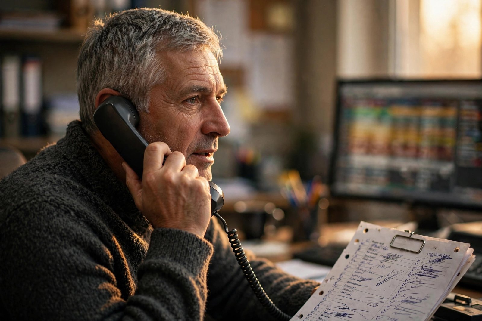 Dispatcher on a desk phone doing a load check call