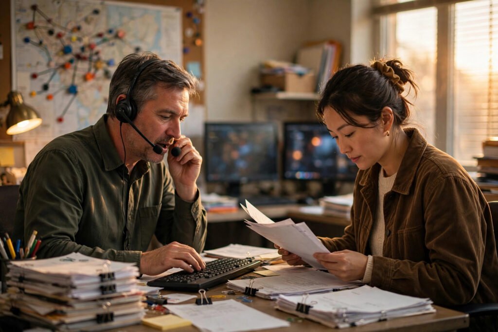 Two dispatchers working in a small fleet dispatch office