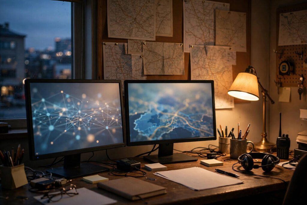 Small fleet dispatcher desk with logistics monitors at dusk