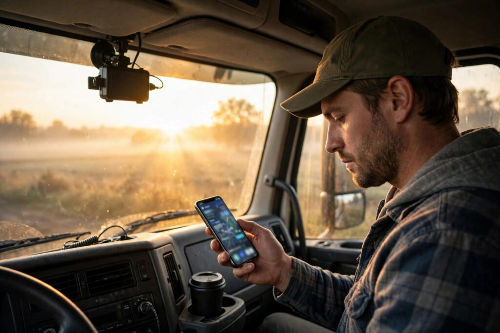 Truck driver checking a dispatch assignment on his phone in the cab at dawn