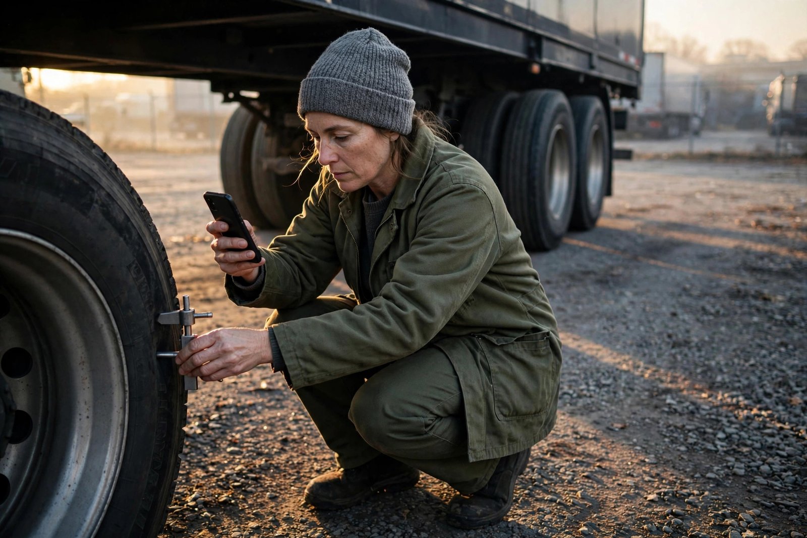 Driver performing a pre-trip tire inspection with a gauge and phone camera