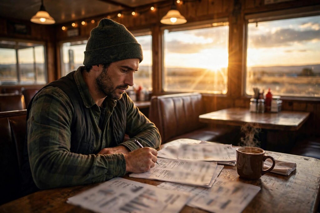 Truck driver studying rates at a truck stop diner table at sunrise