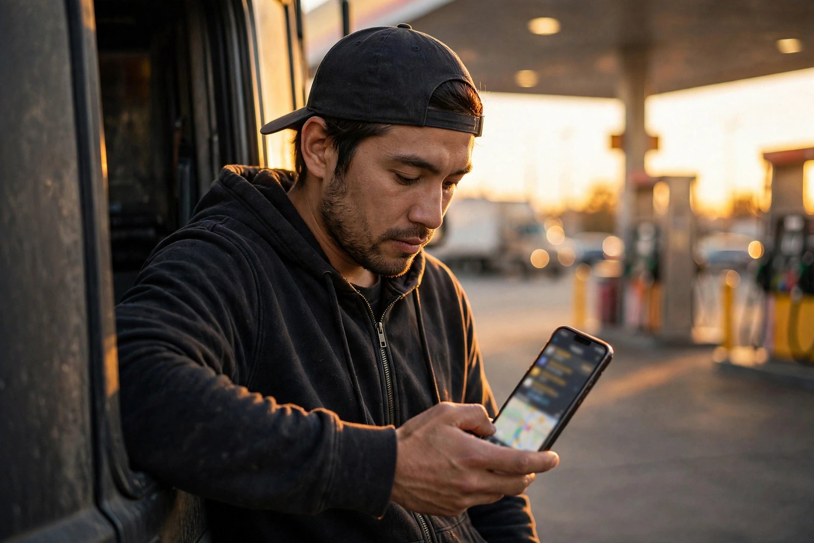 Driver checking fuel discount prices on a phone app