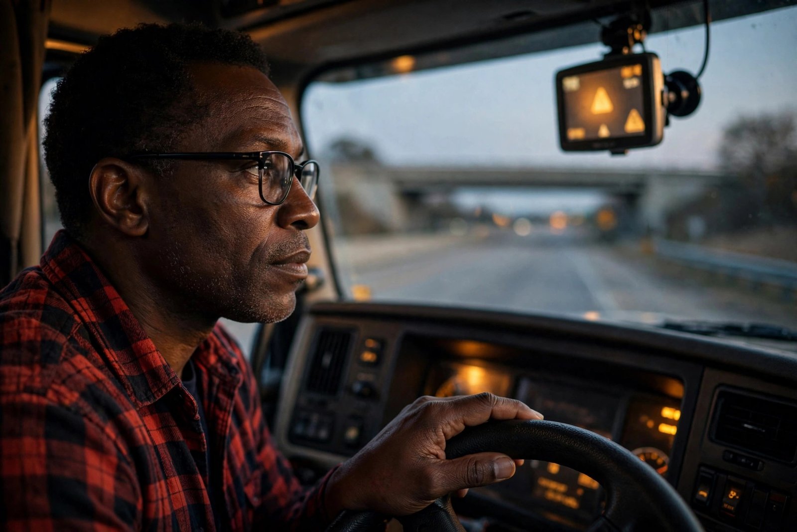 Truck GPS showing a low bridge height alert