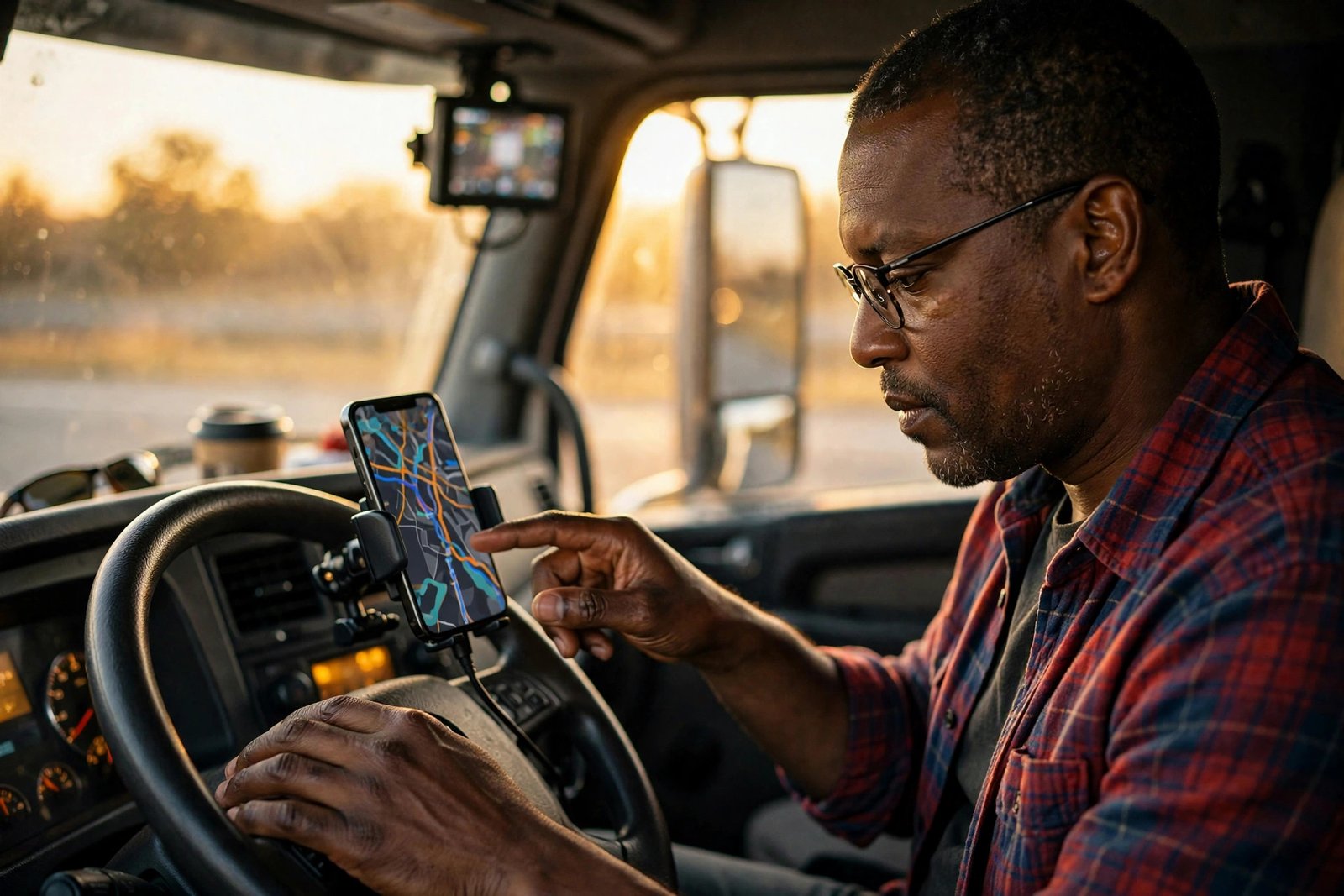 Truck driver comparing GPS unit and phone navigation app