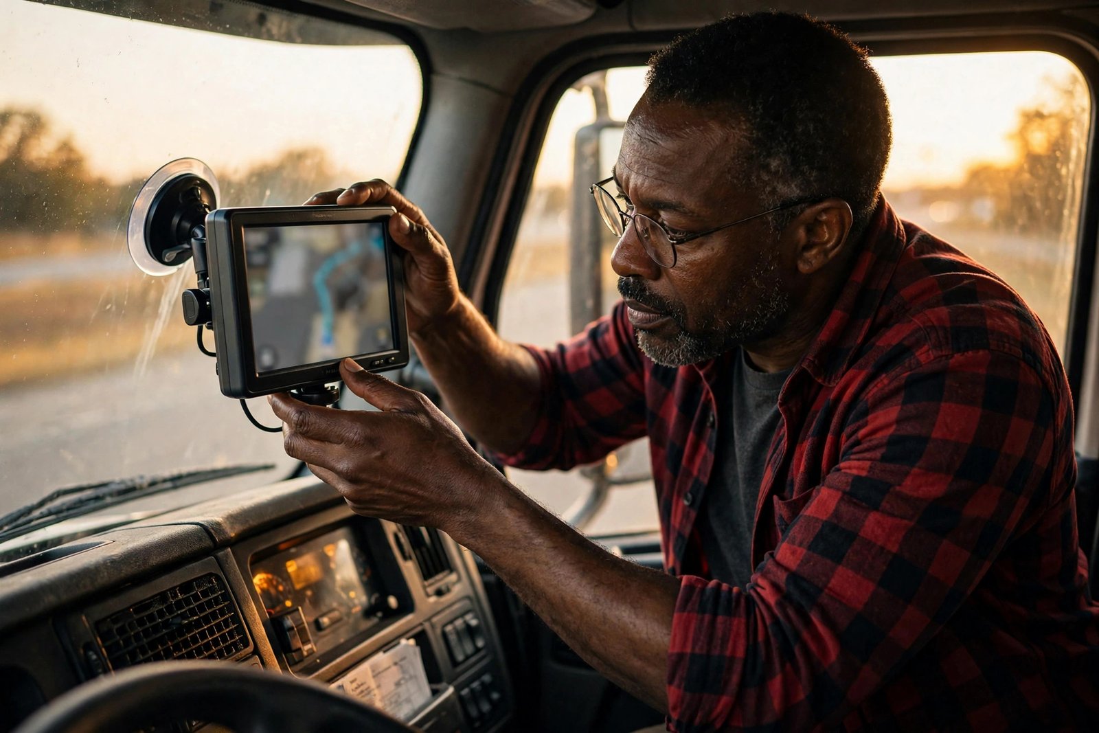 Truck GPS mounted on a windshield in the cab