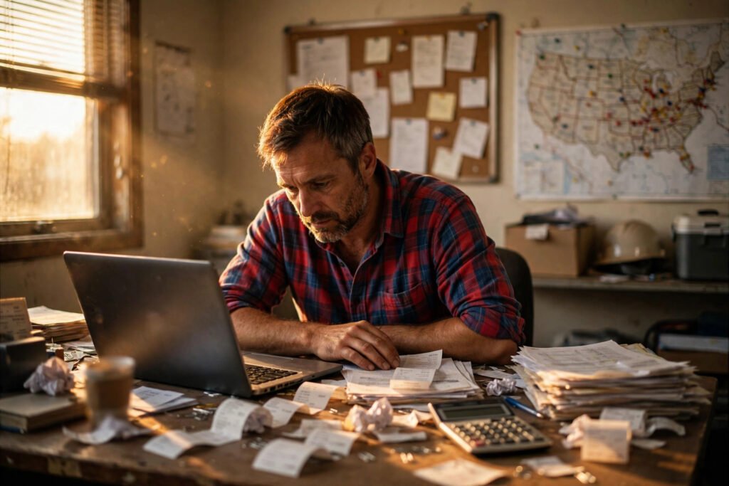 Owner-operator at a small fleet office desk reviewing finances on a laptop with printed settlements and receipts