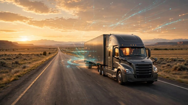 Semi truck on a highway at sunset with a digital data overlay
