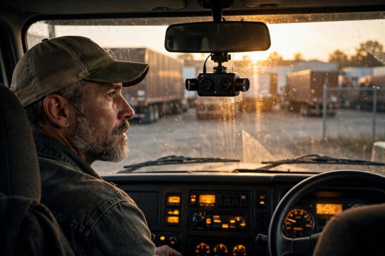 Truck driver with an AI dashcam mounted below the rearview mirror
