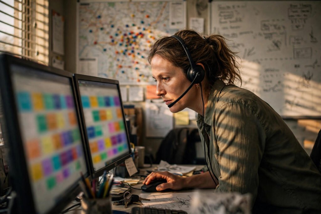 Dispatcher at a dual-monitor workstation with a dispatch board in a small fleet office