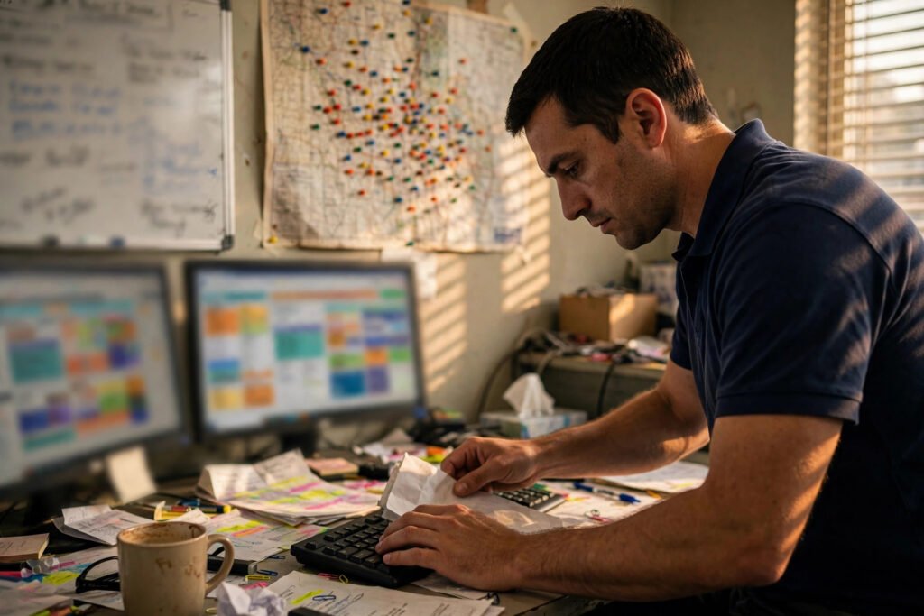 Fleet manager reviewing a TMS dispatch dashboard with multiple trucks