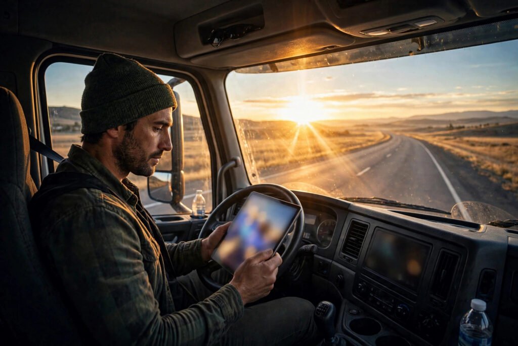 Owner-operator reviewing load options on a tablet in the cab at dawn