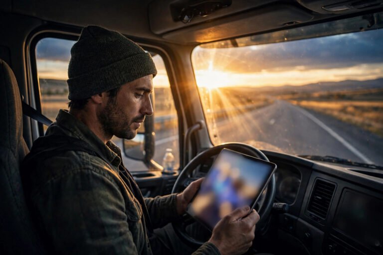 Truck driver comparing load options on a tablet in the cab at sunset