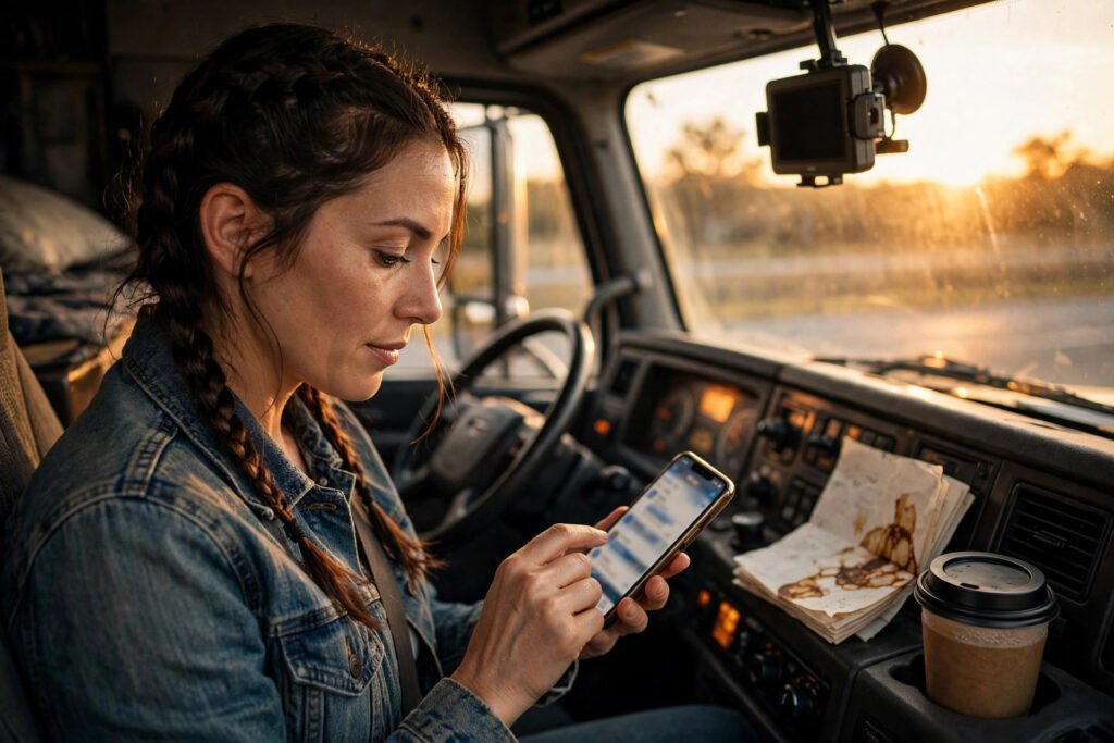 ELD device installed in a semi truck cab near the dashboard