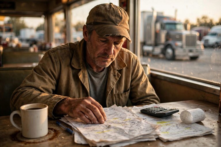 Owner-operator reviewing freight invoices at a truck stop diner table