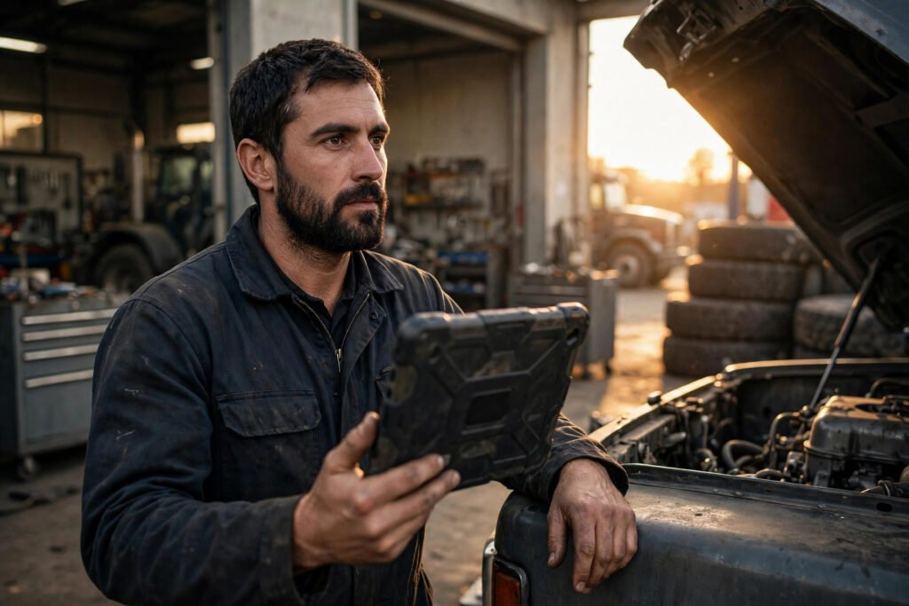 Mechanic holding a tablet beside a semi tractor with its hood open in a maintenance bay