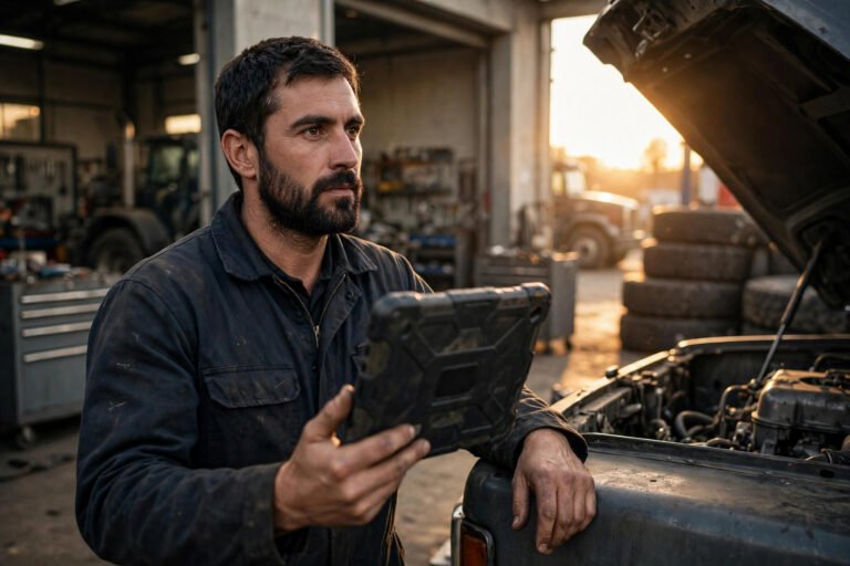Mechanic holding a tablet beside a semi tractor with its hood open in a maintenance bay