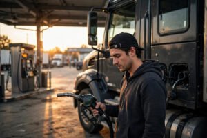 Semi truck fueling at a truck stop fuel island at dawn