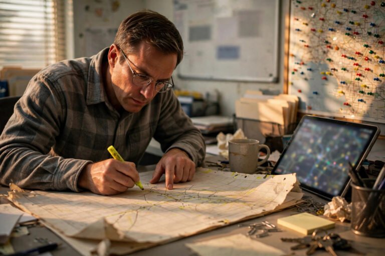 Dispatcher marking delivery stops on a paper route map beside a tablet