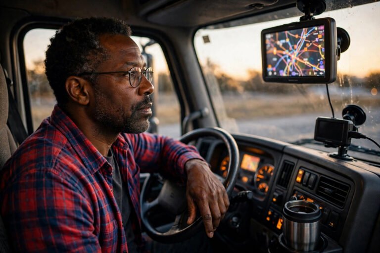 Truck GPS navigation unit mounted on a semi truck windshield