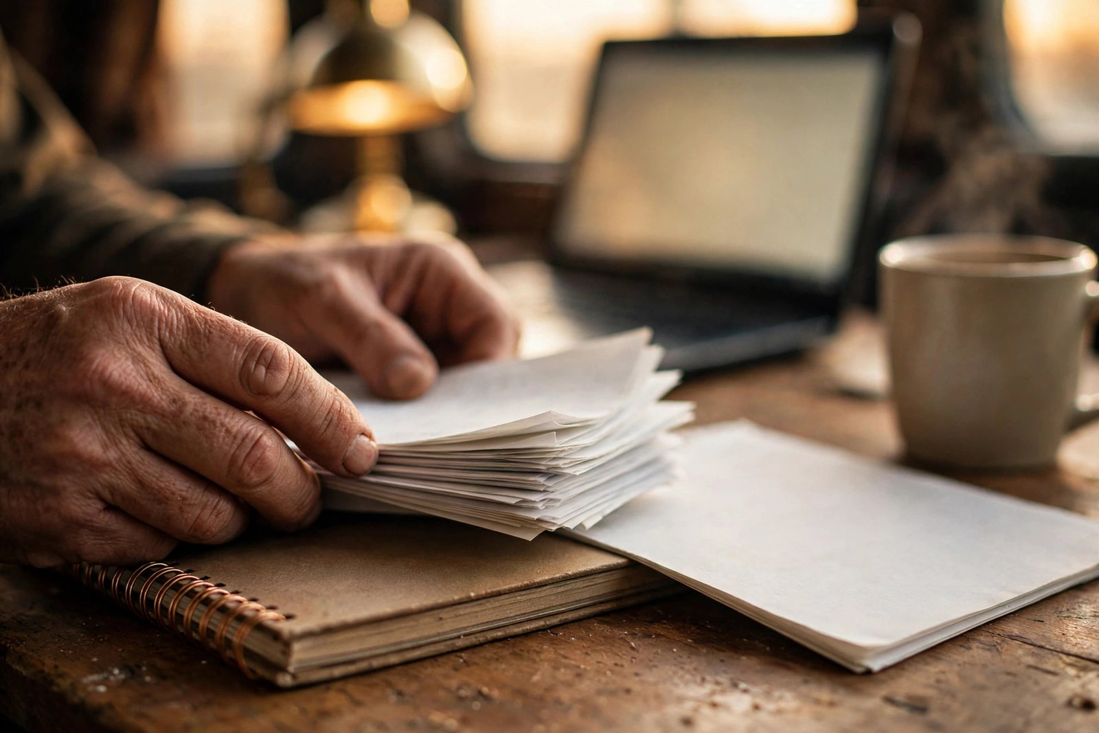 Close-up of hands organizing fuel receipts with a logbook and IFTA worksheet on a desk