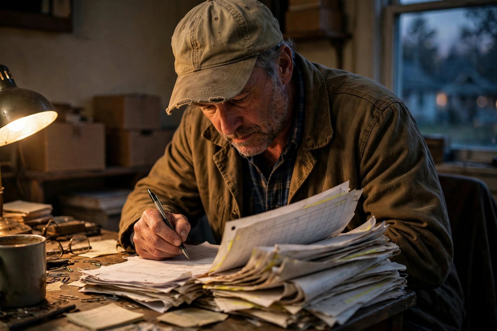 Trucker reviewing factoring invoice paperwork at a desk