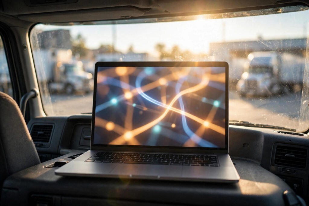 Laptop showing a load board interface on a truck dashboard