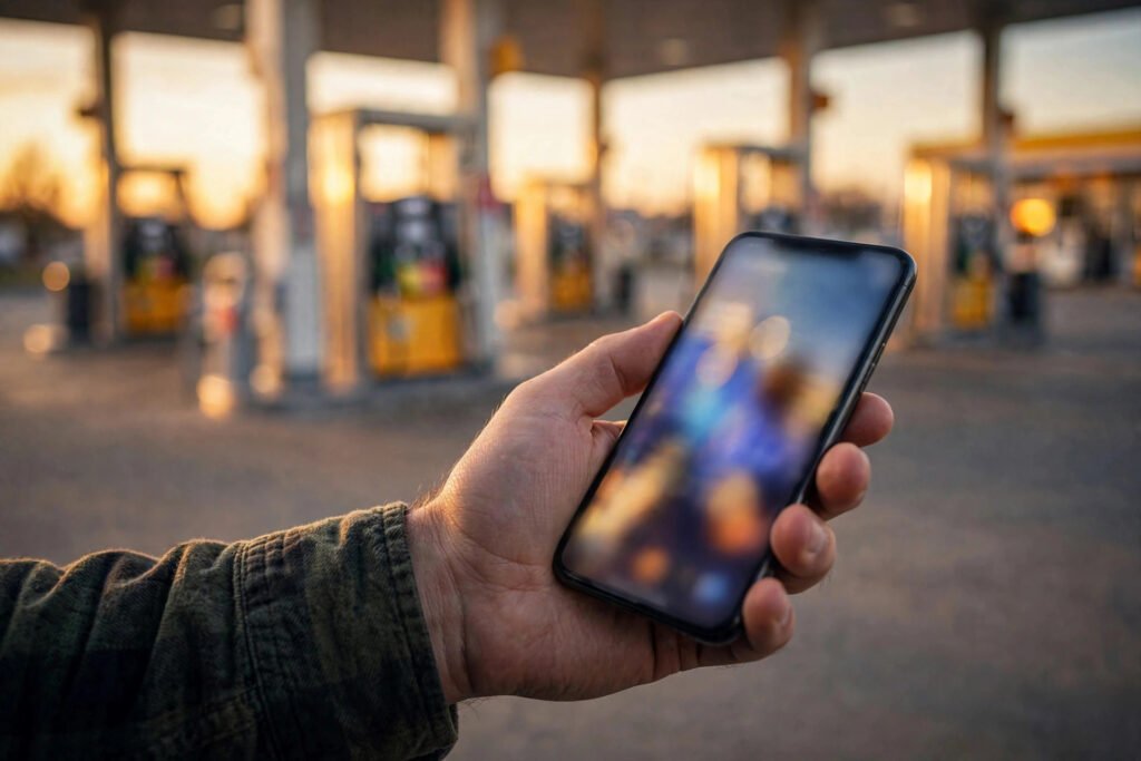 Driver holding a smartphone showing a load board at a fuel island at golden hour