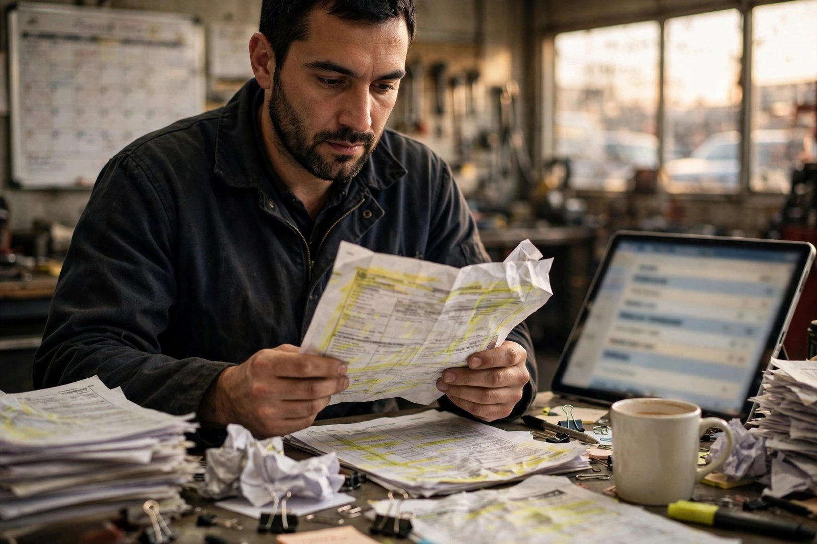 Service writer reviewing a printed work order draft beside a tablet showing a work-order list