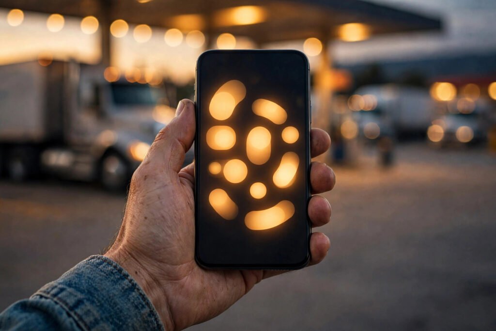 Driver holding a phone with a freight load alert at a truck stop at dusk