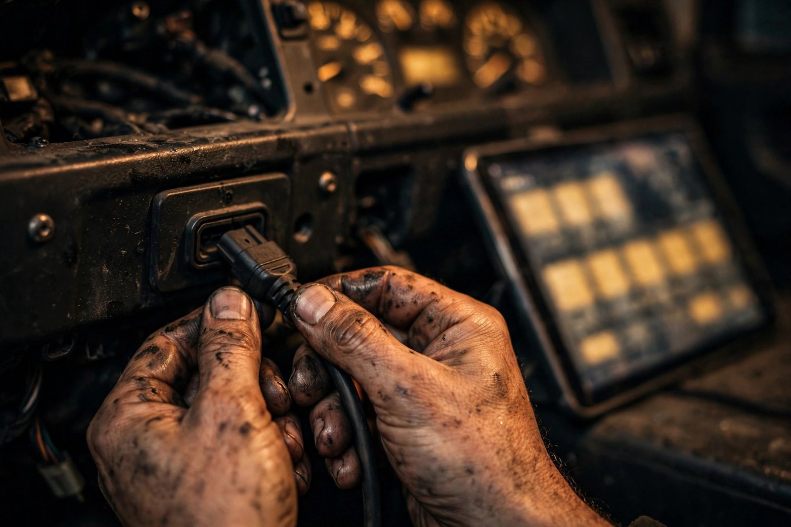 Technician connecting a diagnostic scanner to a truck under the dash