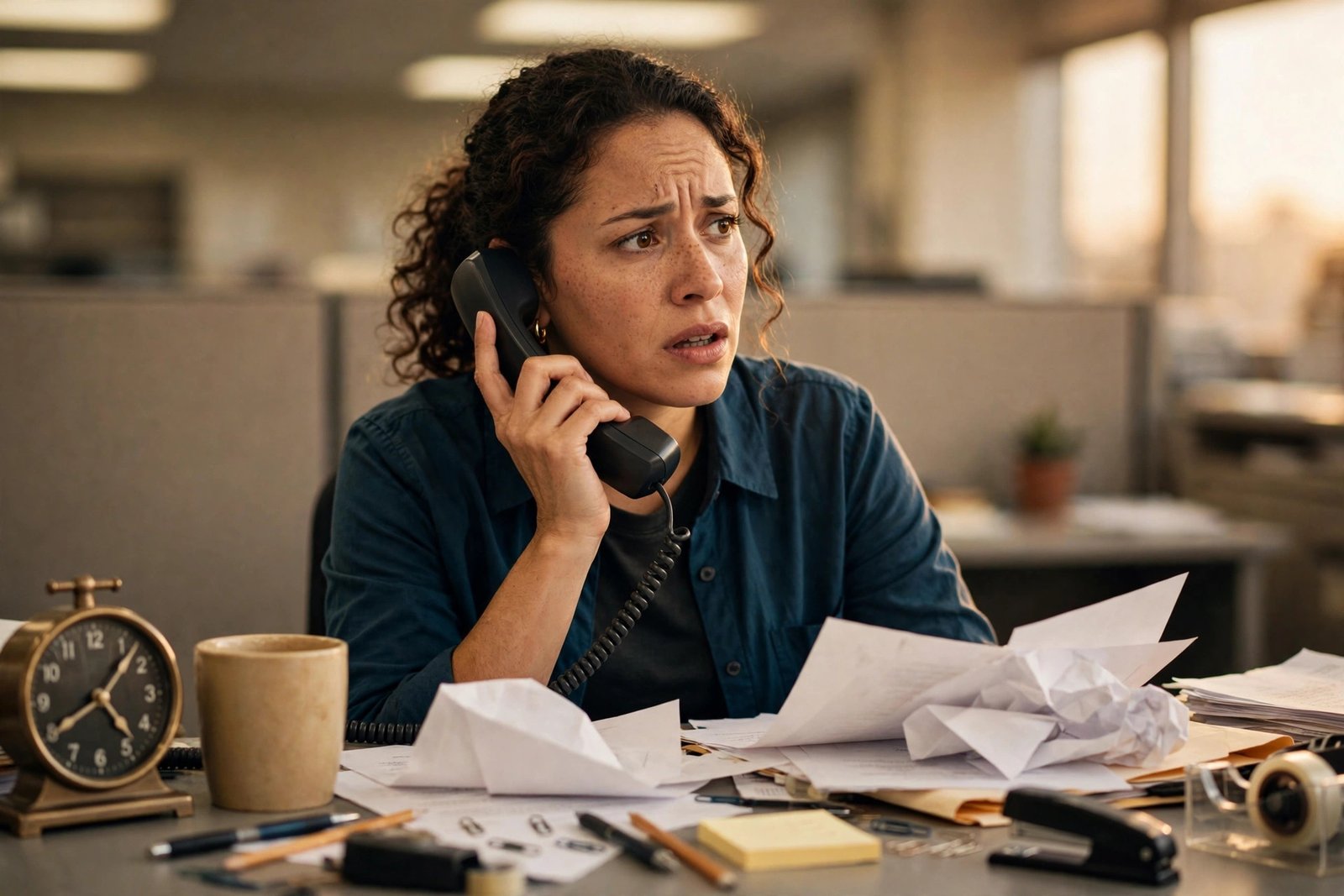 Office manager exasperated while on hold with a software vendor