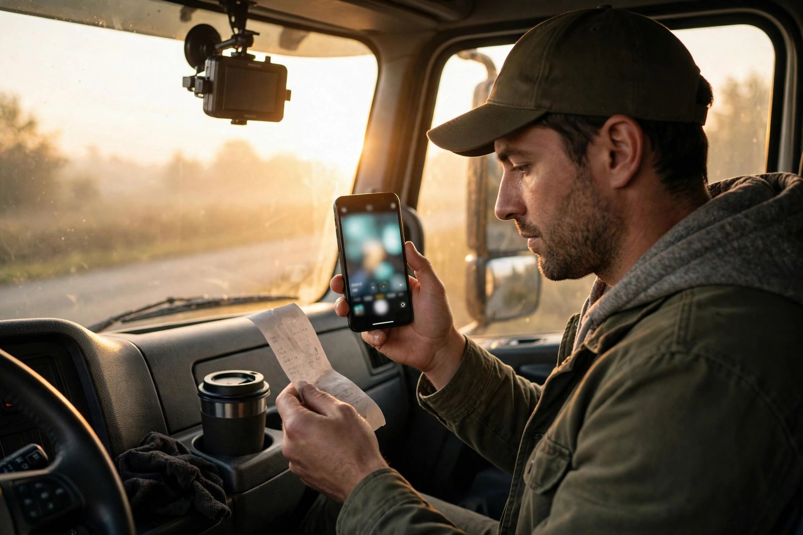 Driver in the cab at dawn photographing a fuel receipt with his phone