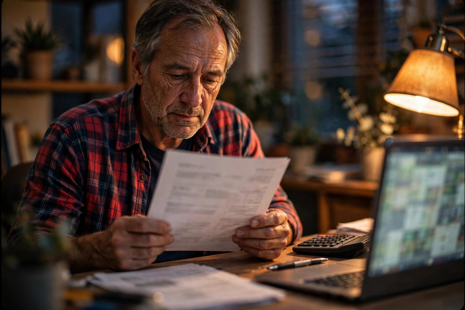 Owner-operator reviewing a weekly settlement printout at a home office desk in the evening