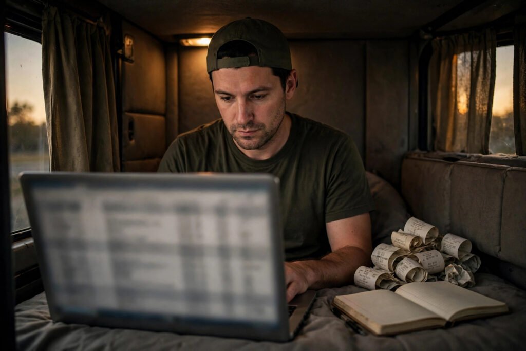 Owner-operator entering dispatch paperwork on a laptop in a truck cab