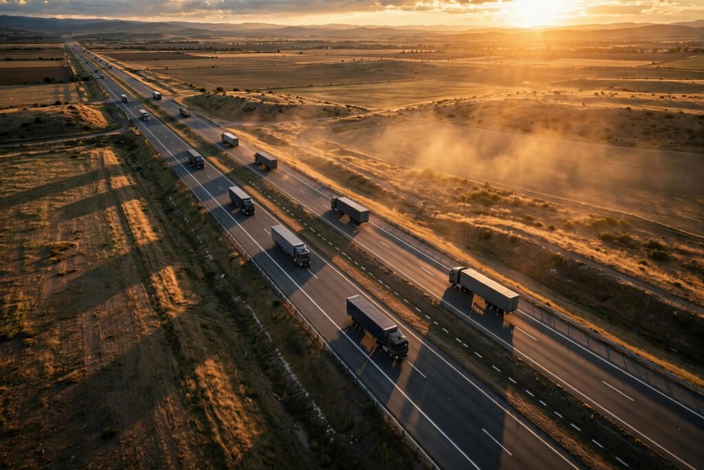 Aerial view of semi trucks on a highway at golden hour